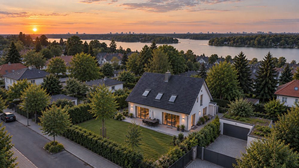 Wohnobjekt mit Grundstück im Abendlicht