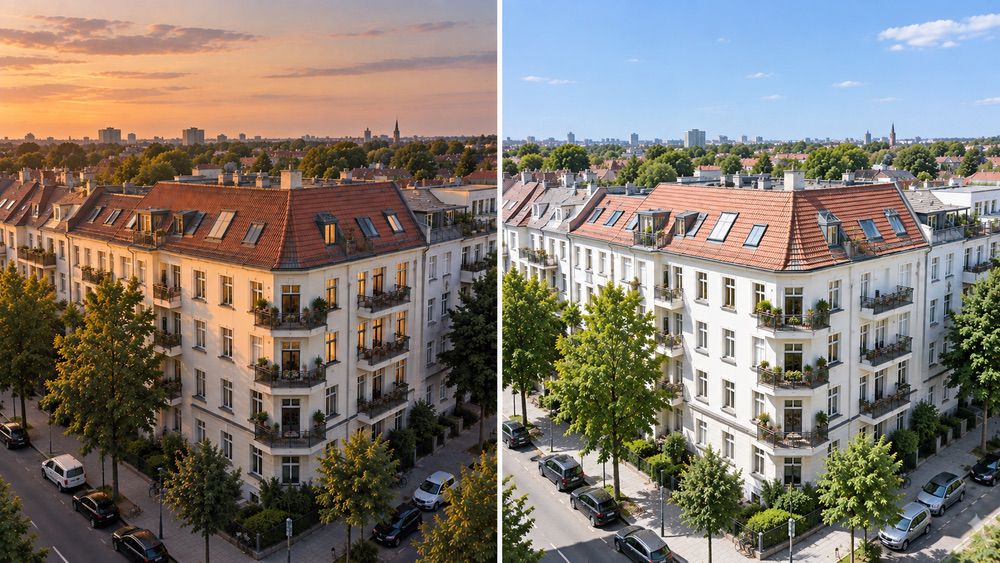 Vergleich einer Luftaufnahme bei Mittagslicht und bei Abendlicht